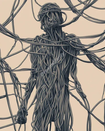 A figure tangled in phone cords that transform into various life obstacles, representing feeling stuck in hung up dreams.