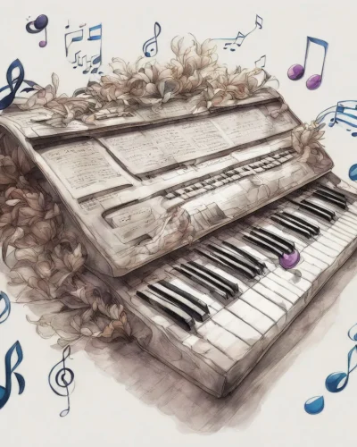 A keyboard with keys that, when pressed, release floating musical notes that transform into dream symbols.