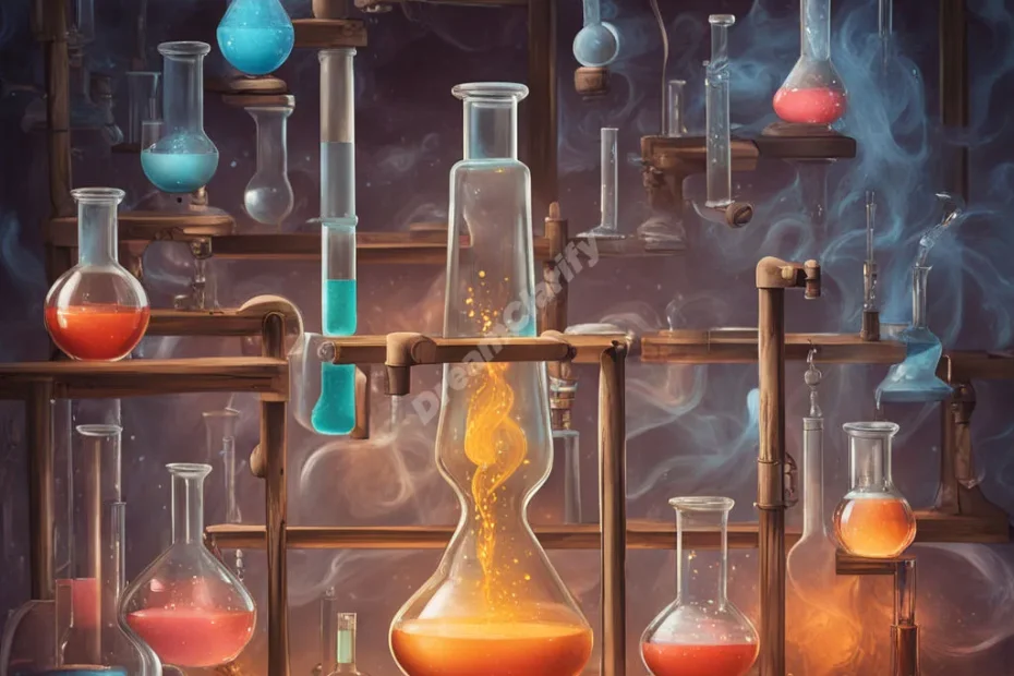 A laboratory with beakers and test tubes filled with swirling, glowing liquids representing dream elements.