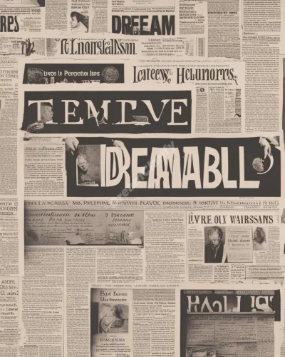 Newspapers with headlines transforming into dream symbols, representing information and awareness.