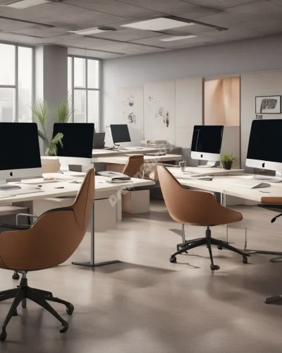 An office space with desks transforming into different dream scenarios, representing work life and personal ambitions.