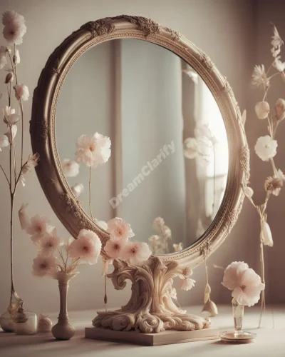 A mirror reflecting various forms of beauty, surrounded by soft light, representing the search for beauty in dreams.