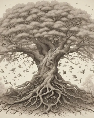 A tree with its roots showing scenes of childhood and branches reaching towards future possibilities, symbolizing growth in youth dreams.