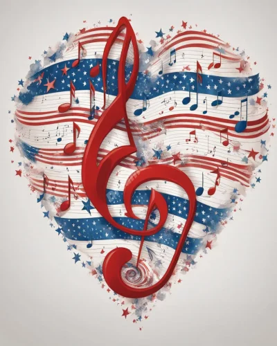 Musical notes forming the shape of a flag, with patriotic symbols blending into dream imagery, representing national identity.