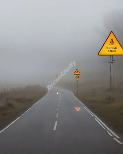 Road signs with cryptic warning messages leading through a misty, transforming landscape.