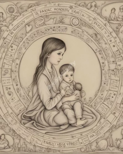 A figure adopting a child, surrounded by symbols of family and new beginnings.