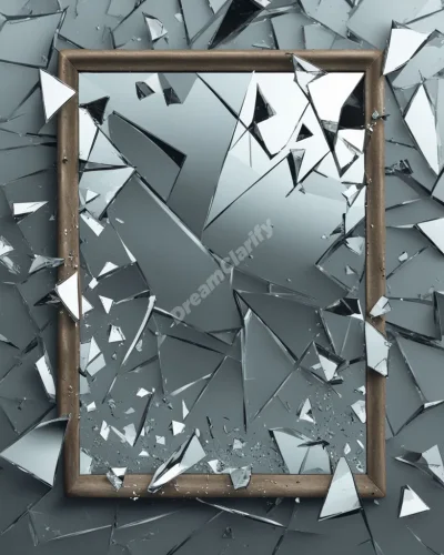 Shattered mirror with unlucky symbols reflected in each shard, illustrating the concept of bad luck in dreams.