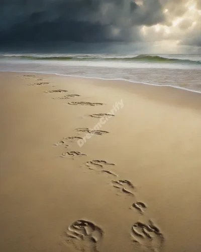 A beach transitioning from stormy to calm, footprints in the sand leading to various dream symbols, representing life's ebb and flow.