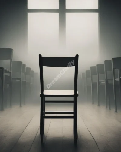 An empty chair in a misty classroom, symbolizing absence and missed opportunities in dreams.