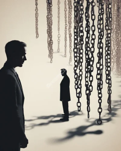 A figure standing before a jury of shadowy forms, words forming chains around them, symbolizing guilt and judgment in accusation dreams.