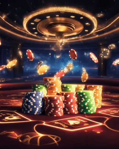 A glowing casino with dream symbols floating as chips, representing chance and risk in life decisions.