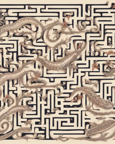 Centipedes crawling through a maze of dream symbols, representing persistence and complexity in centipede dreams.