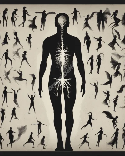 Silhouettes of bodies transforming into ethereal forms, symbolizing transformation and the cycle of life and death.