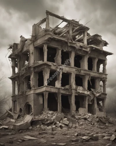 Crumbling structures revealing new dream landscapes, symbolizing destruction and renewal.