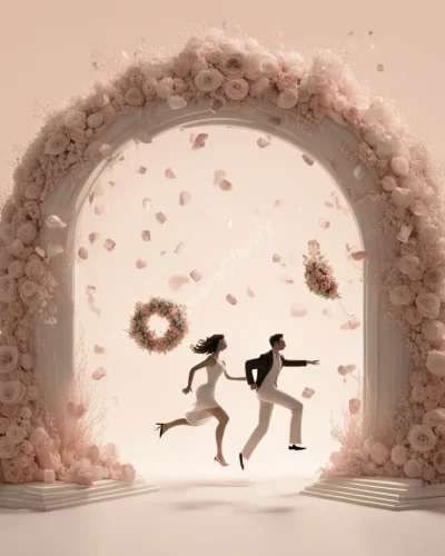 Two figures running away together through a portal of wedding symbols, representing romantic escape in elopement dreams.