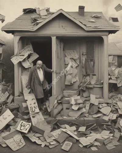 A figure being evicted from a house, surrounded by symbols of change and loss.