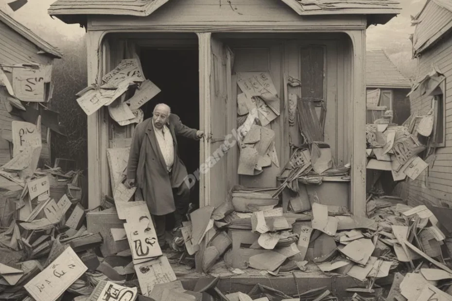 A figure being evicted from a house, surrounded by symbols of change and loss.