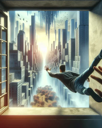 Person falling from window in dreamlike city, symbolizing loss of control and desire for escape.