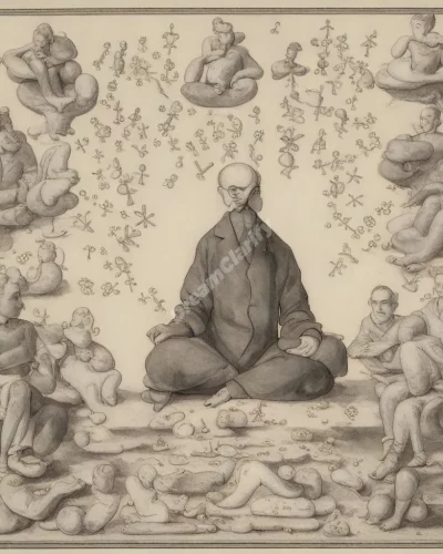 A mentor figure giving advice, surrounded by guiding symbols.