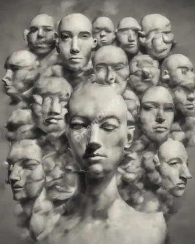 A figure wearing many faces, representing deception in impostor dreams.