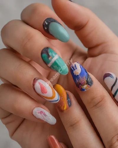 Hands with intricate, colorful nail designs transforming into various dream symbols, representing self-care in manicure dreams.