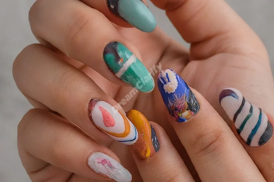 Hands with intricate, colorful nail designs transforming into various dream symbols, representing self-care in manicure dreams.