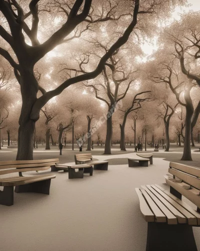 A park with trees and benches forming dream symbols, representing relaxation and public spaces.