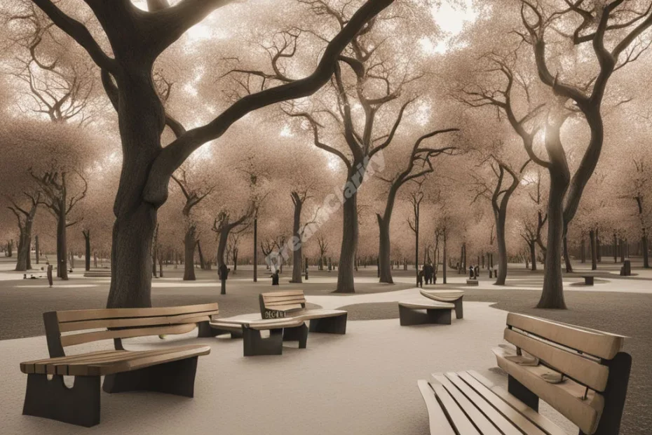 A park with trees and benches forming dream symbols, representing relaxation and public spaces.