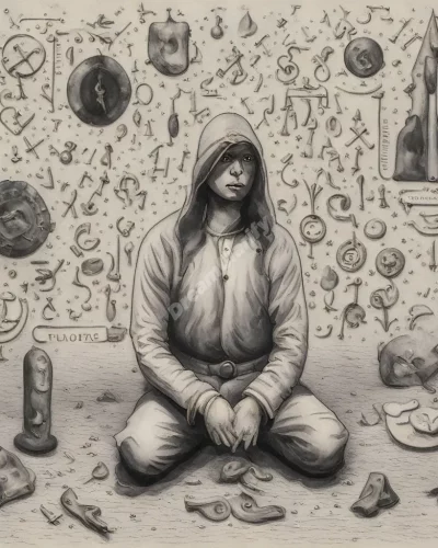 A figure experiencing regret, surrounded by past symbols.