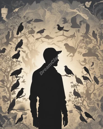 Silhouette of a man filled with a landscape of dream symbols, representing the multifaceted nature of masculinity or self.