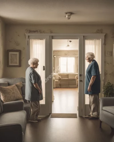 A senior home with rooms revealing different life memories, representing aging and reflection.