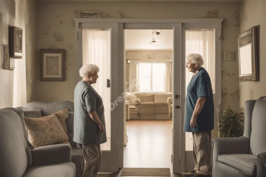 A senior home with rooms revealing different life memories, representing aging and reflection.