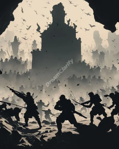 Silhouettes clashing on a battlefield that transforms into various landscapes, representing internal and external conflicts.