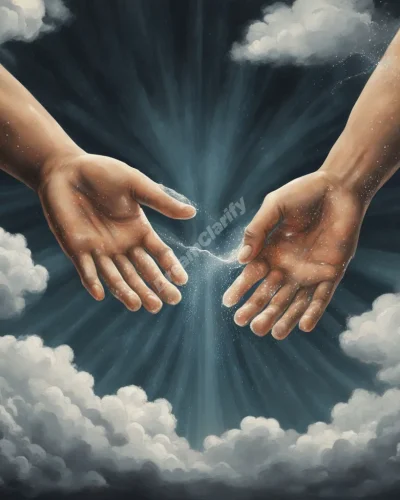 Hands washing away dark clouds to reveal a bright, symbol-filled sky underneath, representing cleansing and renewal.