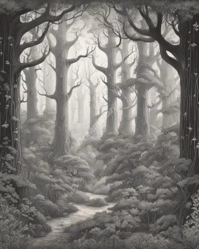 A dense forest with hidden dream symbols, representing mystery.