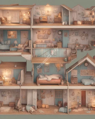 A childhood home with rooms filled with dream symbols, representing nostalgia and memories.