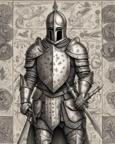 A knight in shining armor, surrounded by symbols of bravery and honor.