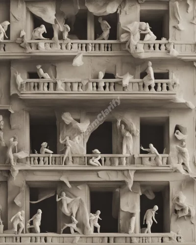 Figures evacuating from a building made of dissolving dream symbols, representing escape and urgency.