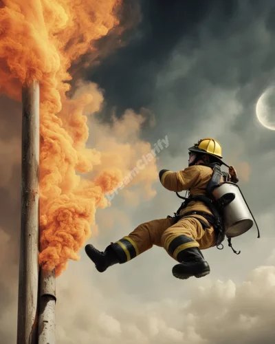 A fireman sliding down a pole into a dreamscape, symbolizing urgency.