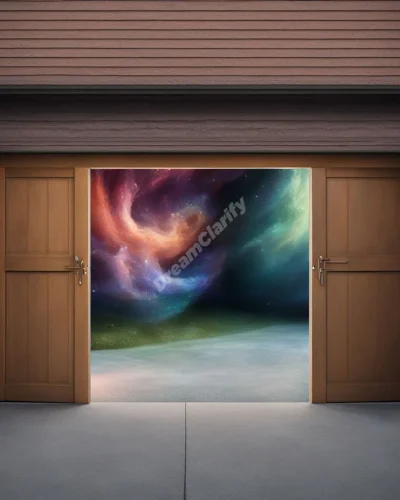 A garage door opening to reveal a portal to various dreamscapes, symbolizing hidden potential or stored memories.