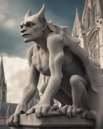 A stone gargoyle coming to life, its eyes glowing with hidden wisdom, perched on a dreamy cathedral.