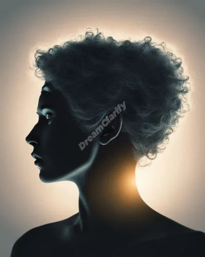 A glowing hairpiece floating above a silhouetted head, symbolizing identity and appearance concerns.