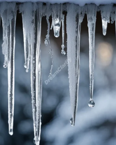 Icicles forming a crystal curtain, each droplet containing a frozen moment or memory.