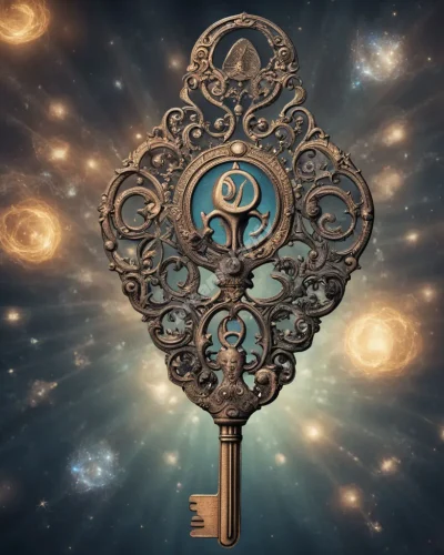 A key in an ignition, sparking a cascade of dream symbols, representing the start of a journey or new idea.