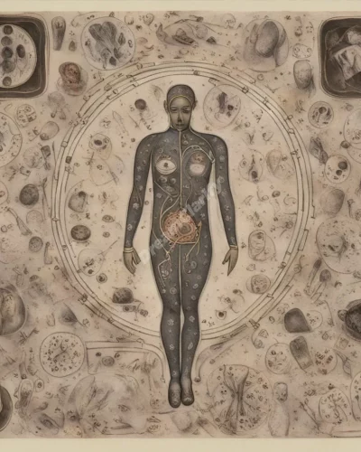 A figure with visible infections, surrounded by symbols of illness and healing.