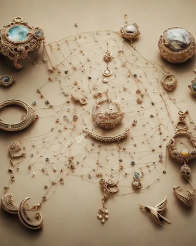 Jewelry pieces forming a map of dream symbols, representing value.