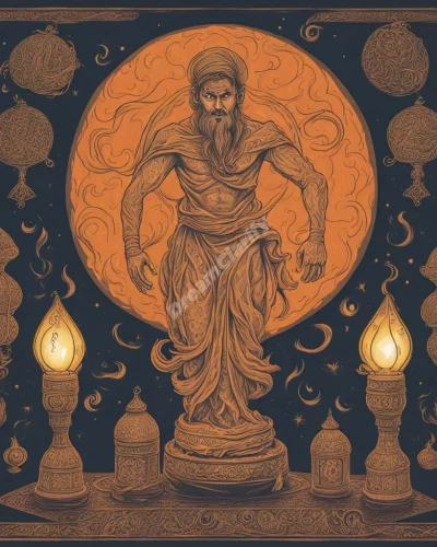 A jinn emerging from a lamp, surrounded by mystical symbols.