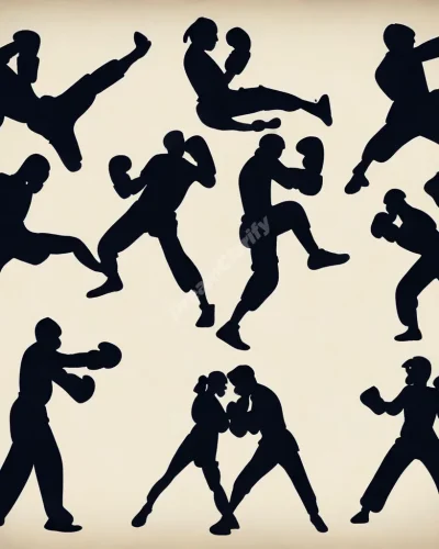 Silhouettes engaged in kickboxing, each punch releasing bursts of dream imagery, symbolizing conflict and self-defense.