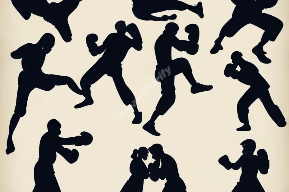 Silhouettes engaged in kickboxing, each punch releasing bursts of dream imagery, symbolizing conflict and self-defense.