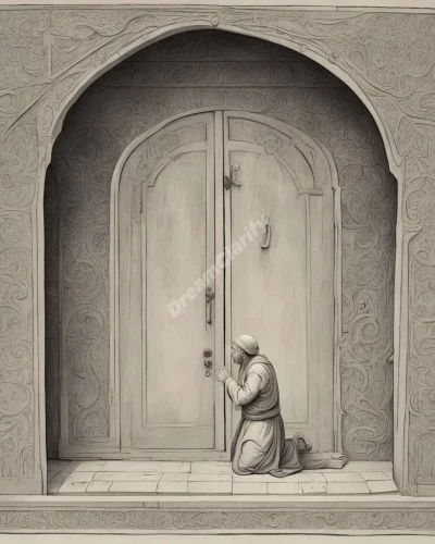 A figure kneeling before a door of dream symbols, representing humility and supplication.